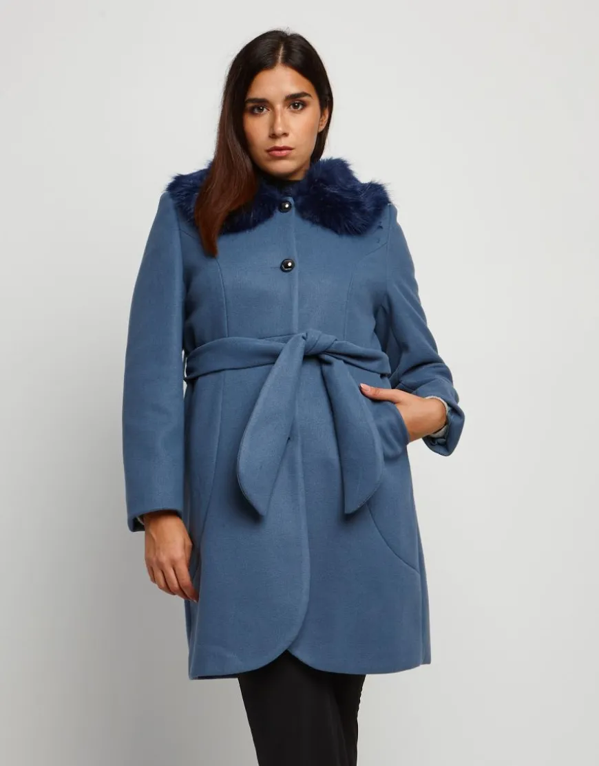 Cappotto con collo in ecopelliccia
