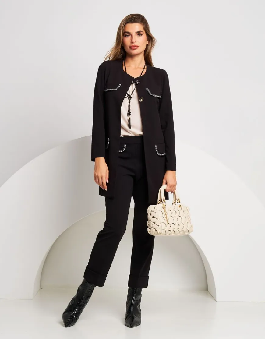 Giacca lunga con pattine bordate fantasia
