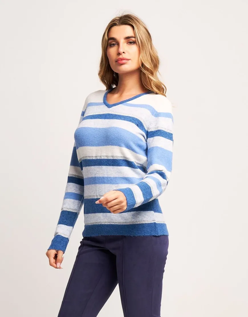 Maglia a righe con lurex e scollo a V