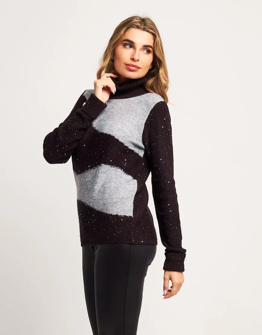 Maglia bicolore con collo alto e paillettes