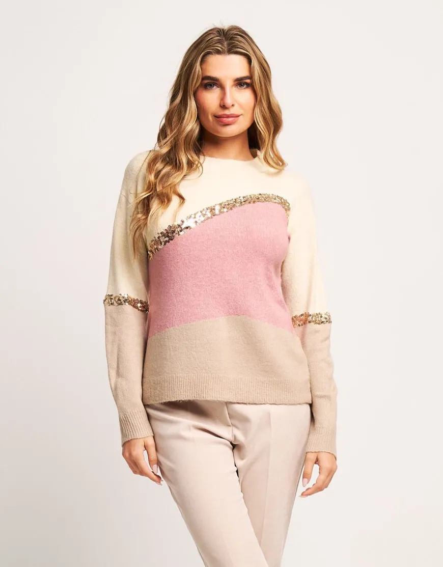 Maglia color block con righe paillettes