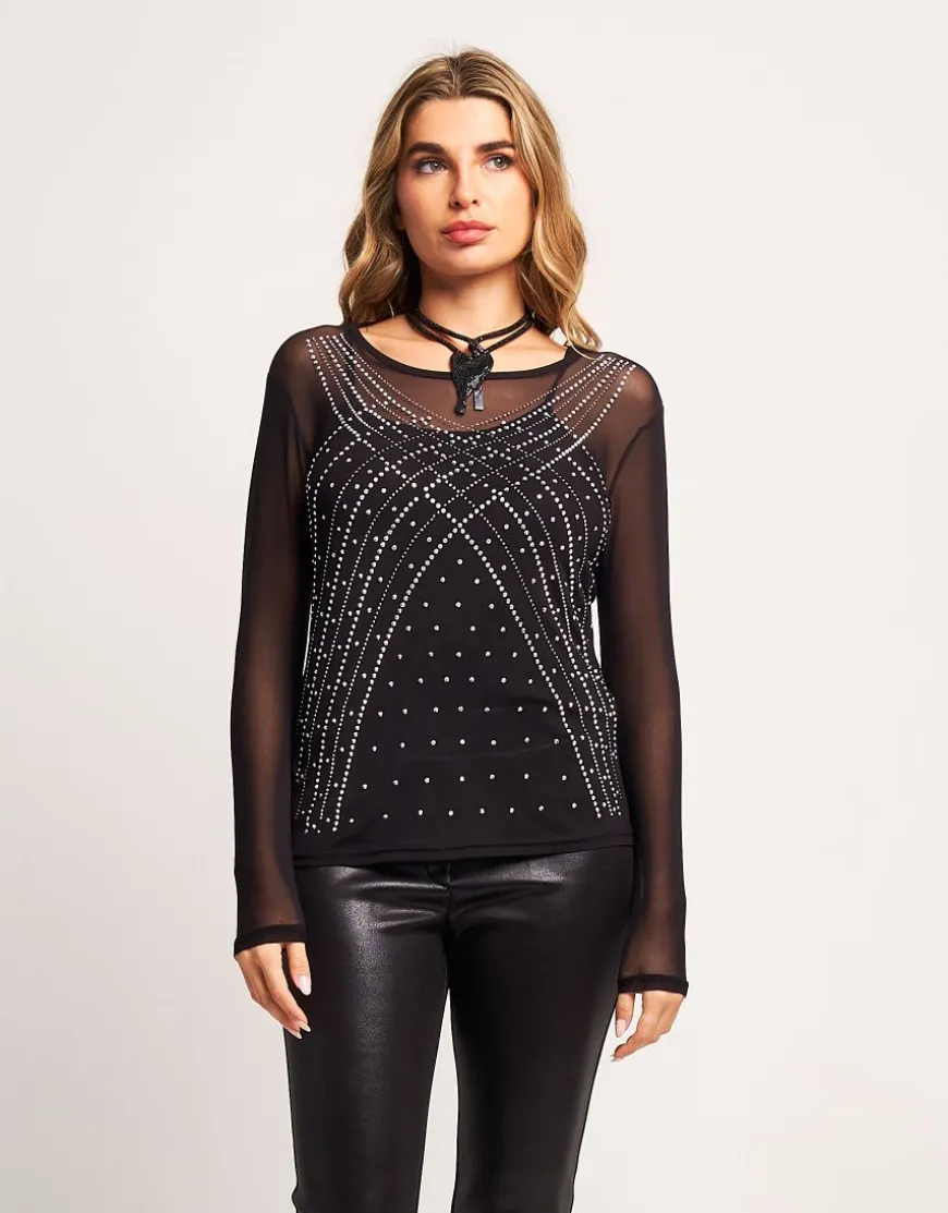 Maglia in tulle con strass e canotta