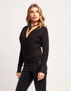 Maglia incrociata a coste con lurex