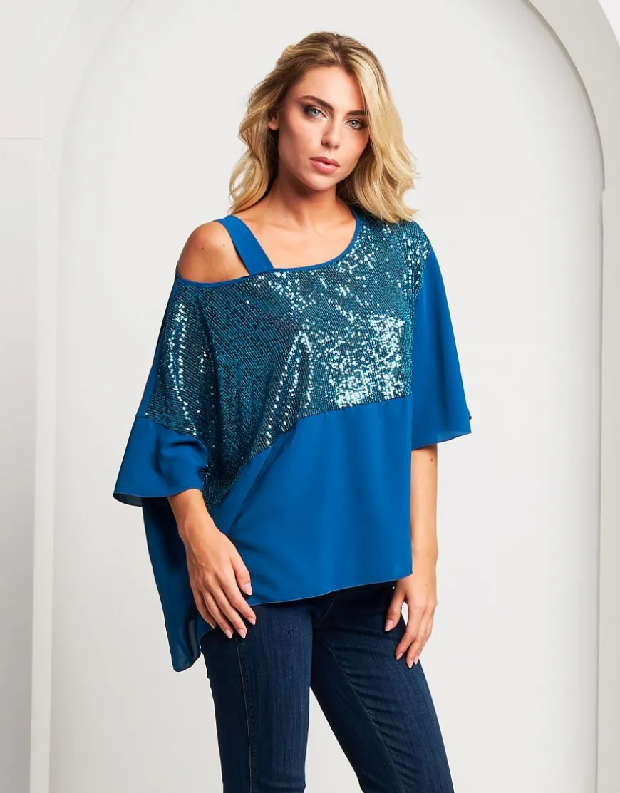 Poncho asimmetrico pavone con paillettes