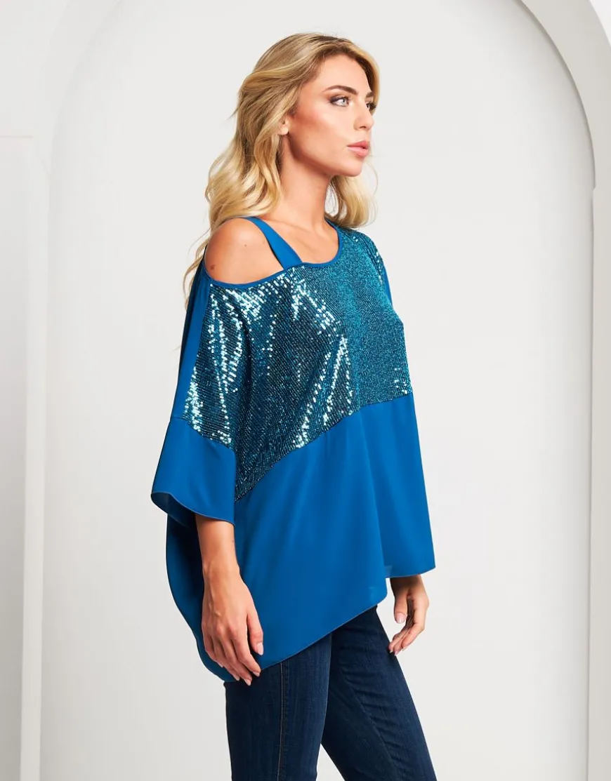 Poncho asimmetrico pavone con paillettes