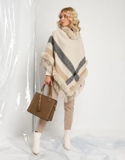 Poncho con ecopelliccia e frange