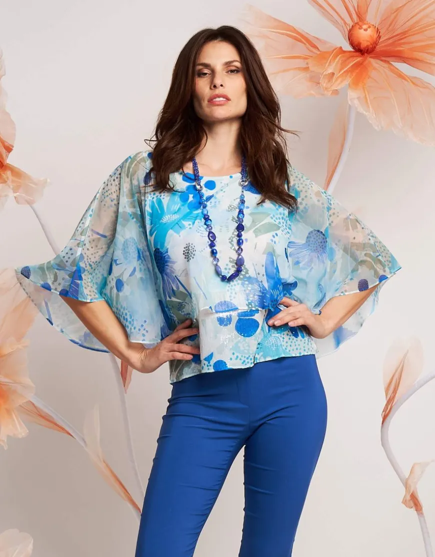 Poncho floreale in georgette con paillettes