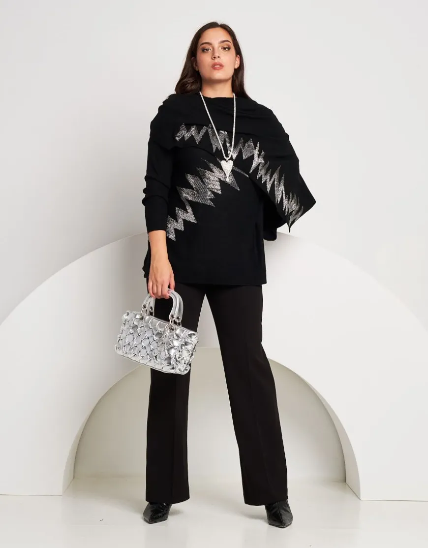 Poncho in maglia con zig-zag di strass