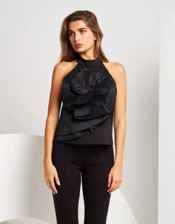 Top con fiore in taffetà e spacco