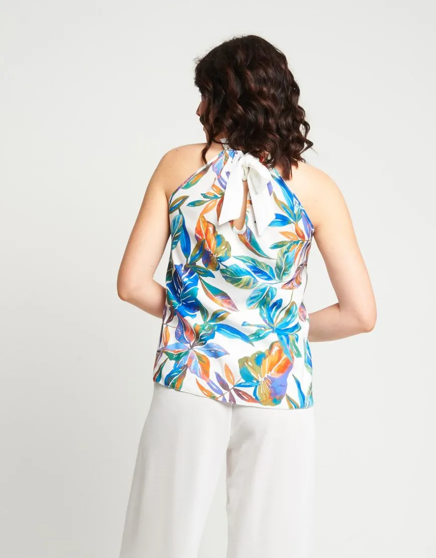 Top in viscosa fantasia con scollo all'americana
