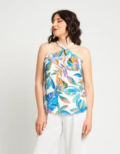 Top in viscosa fantasia con scollo all'americana