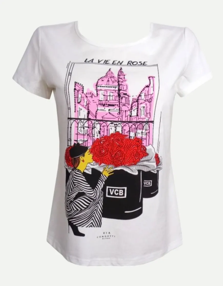 T-shirt con stampa e strass
