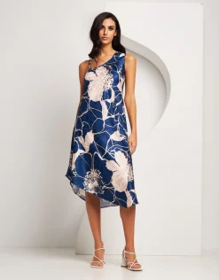 Vestito asimmetrico in raso fantasia