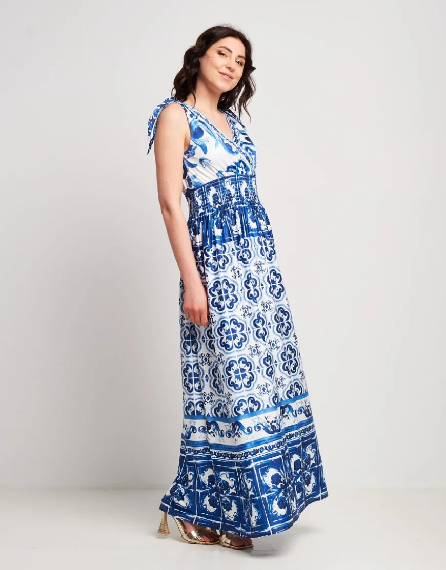 Vestito lungo fantasia con arriccio
