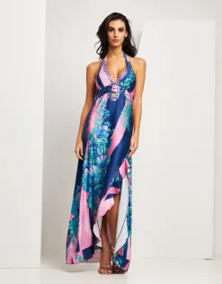 Vestito lungo in jersey fantasia con pietre